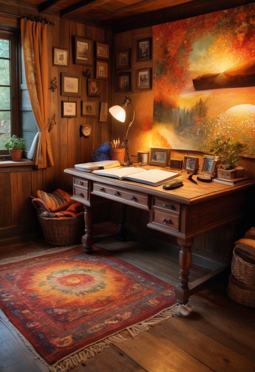 An enchanting scene depicting a storyteller at a desk illuminated by soft warm light, surrounded by swirling words and digital elements, symbolizing creativity and engagement. The background features abstract representations of various digital platforms, like blogs and social media icons, blending with vibrant colors. Emphasize an inviting atmosphere that inspires creativity and mastery in storytelling. super-realistic. vibrant colors. cozy and imaginative.