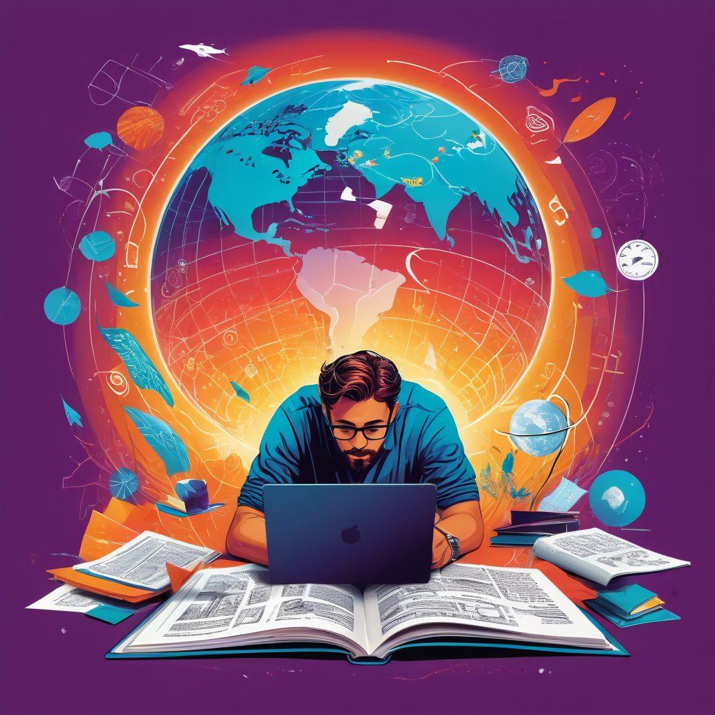 A dynamic collage showcasing a digital storyteller at work, surrounded by visual elements representing the content creation process: sketches transforming into digital illustrations, a laptop displaying a well-designed blog, and pages of a book. Include symbolic icons like a globe for global reach and a clock to signify the importance of timing. The background should be bursting with vibrant colors, depicting the transition from concept to publication in a fluid, creative way. vector art. vibrant colors.