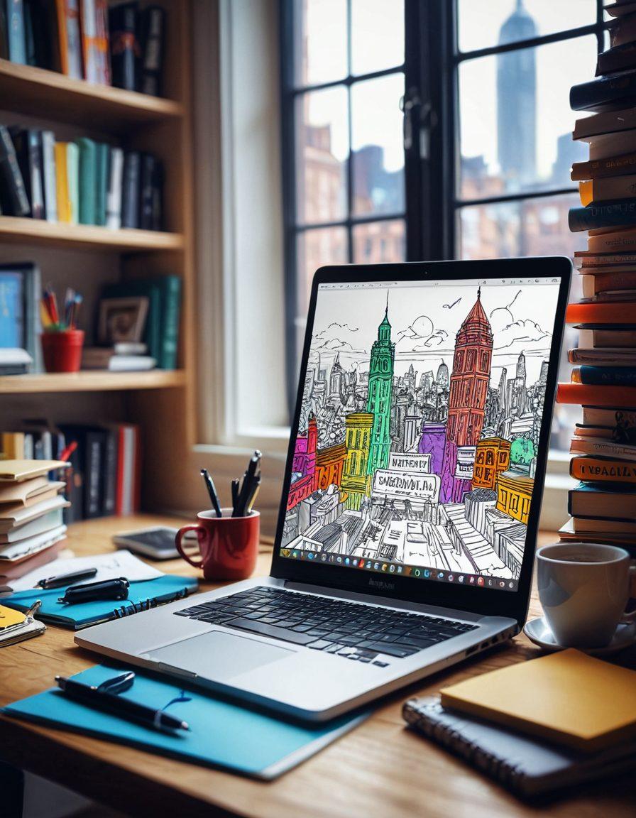 A captivating workspace filled with an open laptop displaying a colorful blog interface, surrounded by stacks of books on storytelling, creativity tools like pens and sketches, and a steaming cup of coffee. The scene conveys inspiration and engagement, with vivid colors representing creativity and connectivity. The background features a whimsical, slightly blurred cityscape to symbolize the vast online audience. super-realistic. vibrant colors. cozy atmosphere.